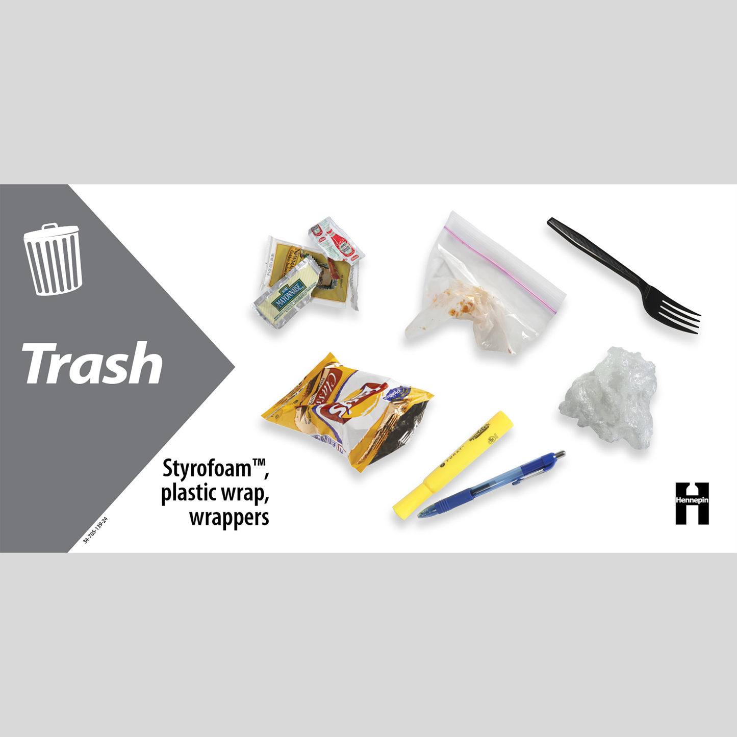 Breakroom trash wide label, gray