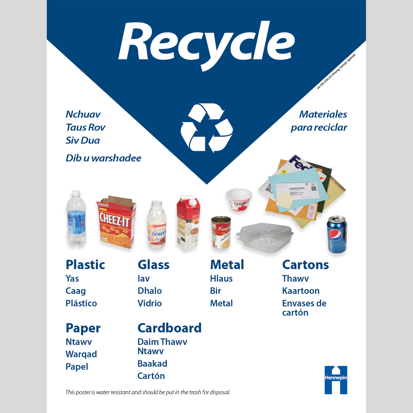 Recycling poster: English, Hmong, Somali, Spanish