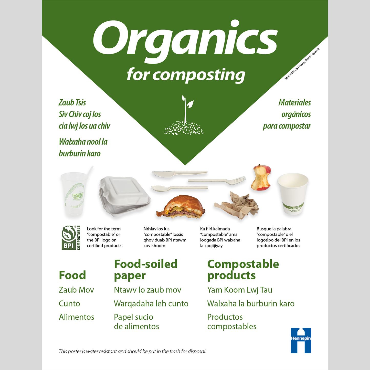 Cafeteria organics recycling poster in English, Hmong, Somali and Spanish