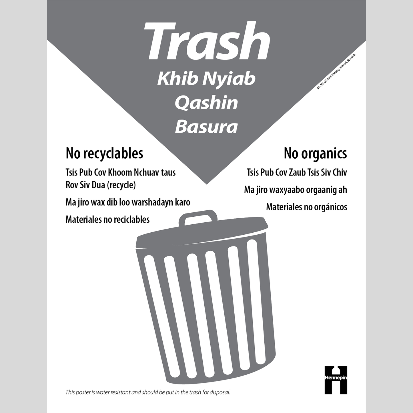Trash poster: English, Hmong, Somali, Spanish